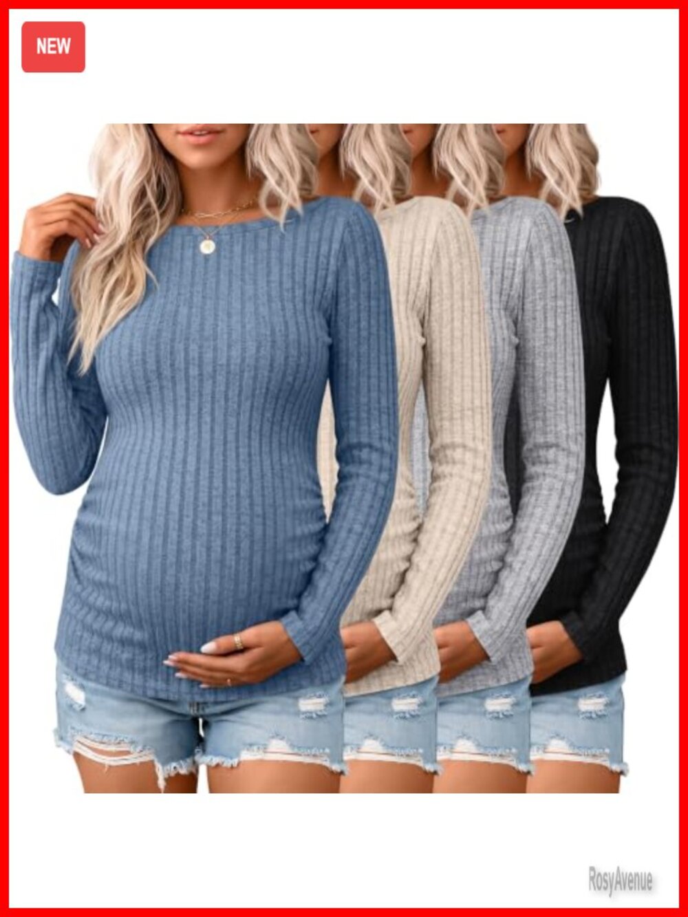 4 Pack Maternity Long Sleeve Ribbed Sweaters Slim Fit Boat Neck Side Ruched Tops